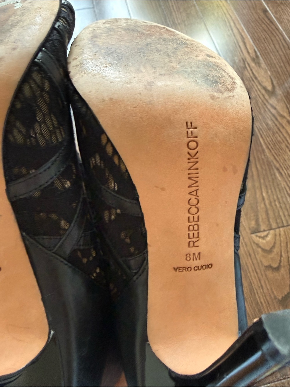 REBECCA MINKOFF LEATHER AND LACE OPEN TOE HEELS - Picture 6 of 9